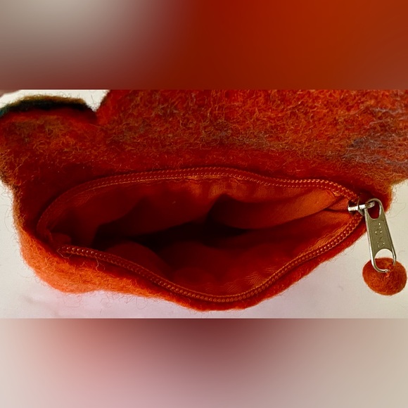 Zip Pouch Felted Boiled 100%Wool Clutch Bag Cosmetic Handmade Orange Leaf Motif - Picture 6 of 9